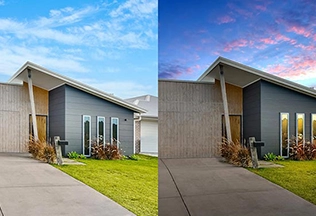 Convert day shots into warm twilight scene with day-to-dusk edit for NYC real estate visual appeal