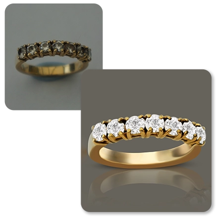 Before and after edited images of a ring by a professional photo editing service provider in the US